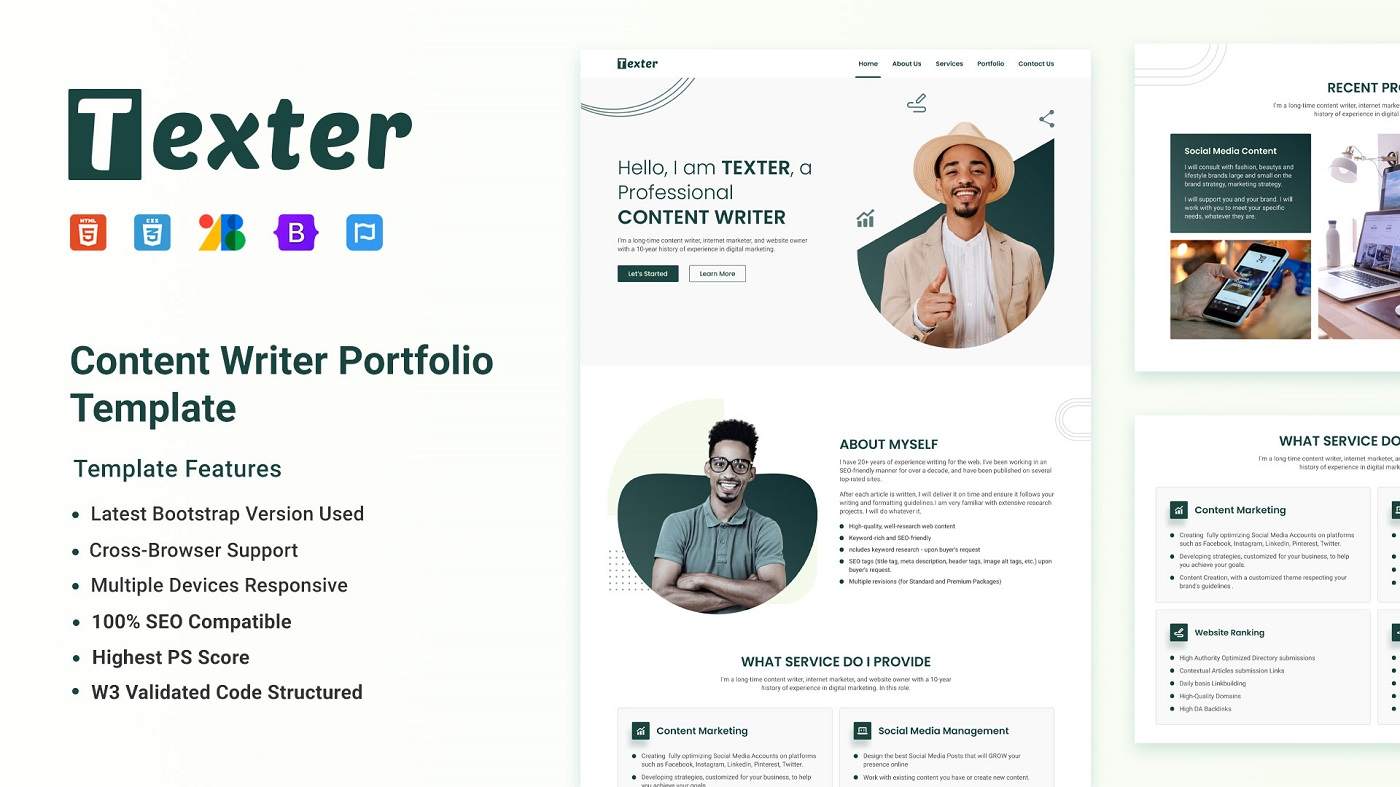 Texter - Content Writer Portfolio Template - One Page Template -Thumbnail - DesignToCodes
