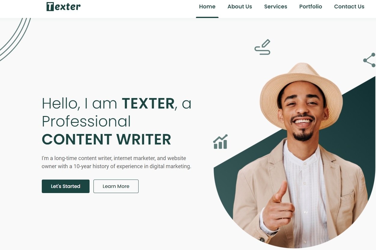 Texter - Content Writer Portfolio Template - One Page Template - Hero Section - DesignToCodes