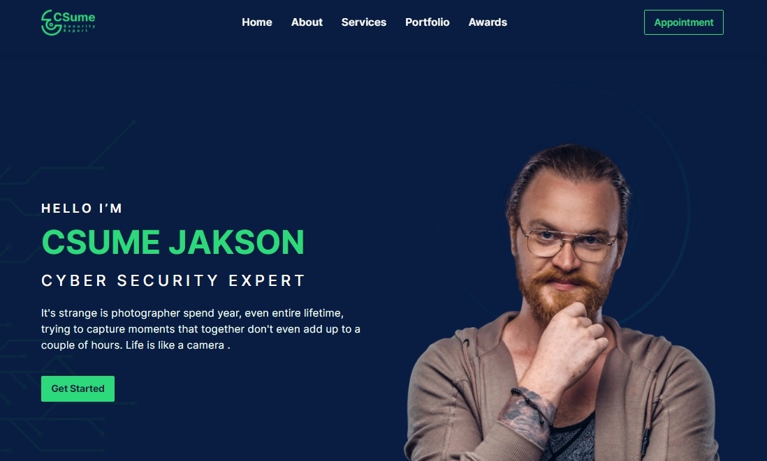 CSUME – Cyber Security Expert Portfolio Website Template Hero Section | DesignToCodes